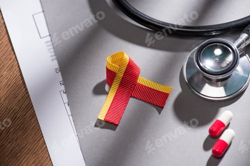 Preview: selective focus of ribbon, stethoscope, pills and folder on table, world hepatitis day concept