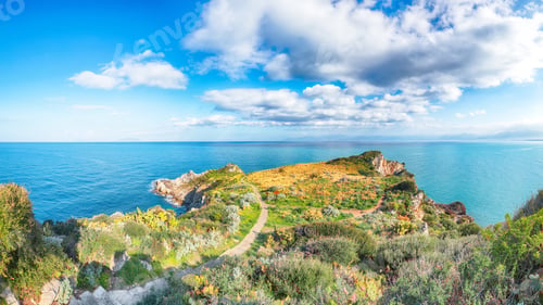 Preview: Scenic spring view on the the cape Milazzo panorama of nature reserve Piscina di Venere.