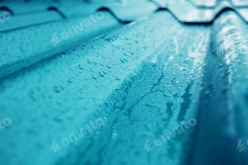 Preview: Closeup of Blue Roof Texture. Shot on Rainy Day or after stopped Rain. Selective focus