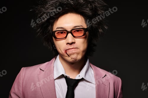Preview: Stylish spring fashion statement by an asian man in a modern studio setting