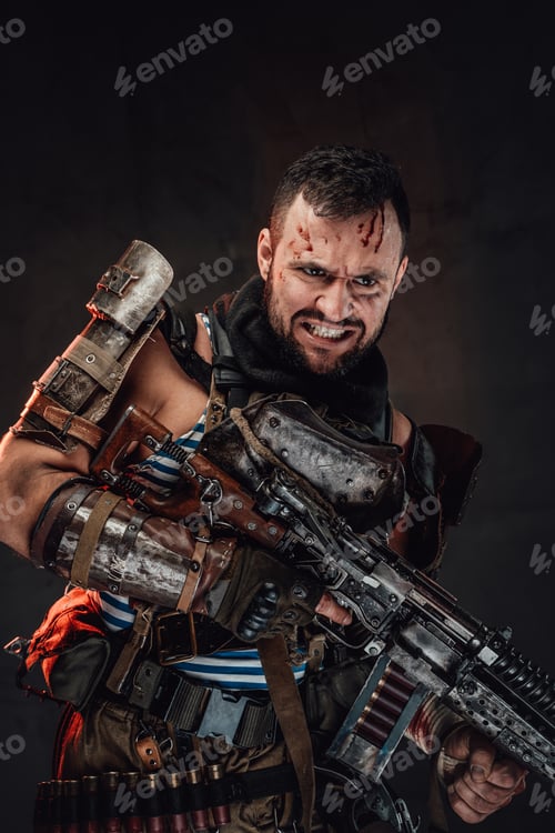 Preview: Angry apocalyptic fighter with shotgun in dark background