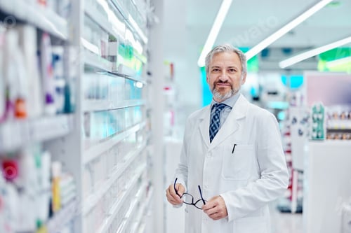 Preview: Portrait of a senior male pharmacist, holding his glasses, smiling for the camera.
