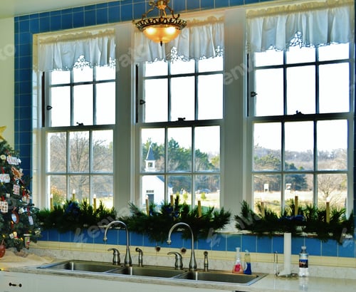 Preview: Historical vintage kitchen with a view out of the kitchen window at Christmas