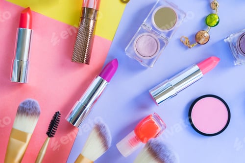 Preview: Colorful make up flat lay scene
