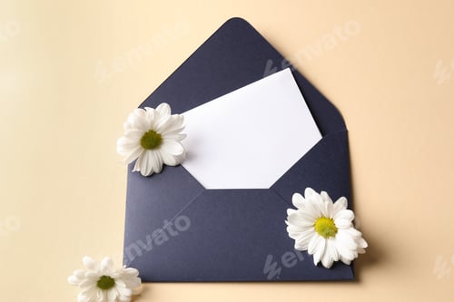 Preview: Blank card, envelope and flowers on beige background, flat lay