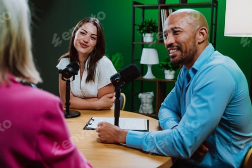 Preview: Group of three diverse hosts having a podcast discussion
