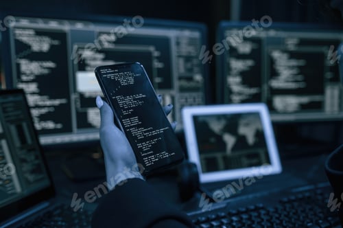Preview: Close up view of female hacker hands, holding smartphone