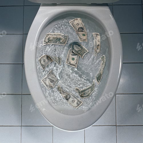 Preview: Overhead shot of money being flushed in the toilet - great for background