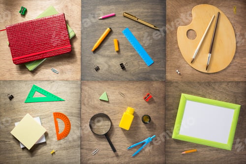 Preview: school supplies at wooden background