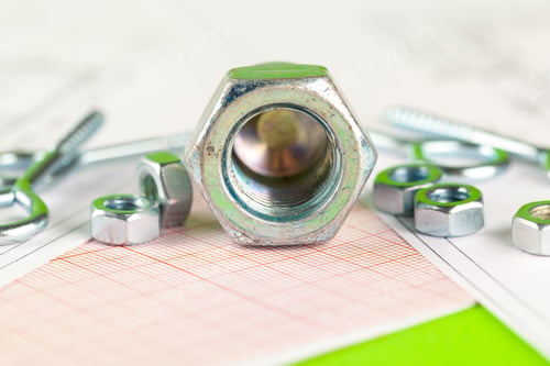 Preview: Technical drawings of bolt and nut. Engineering, technology and metalworking