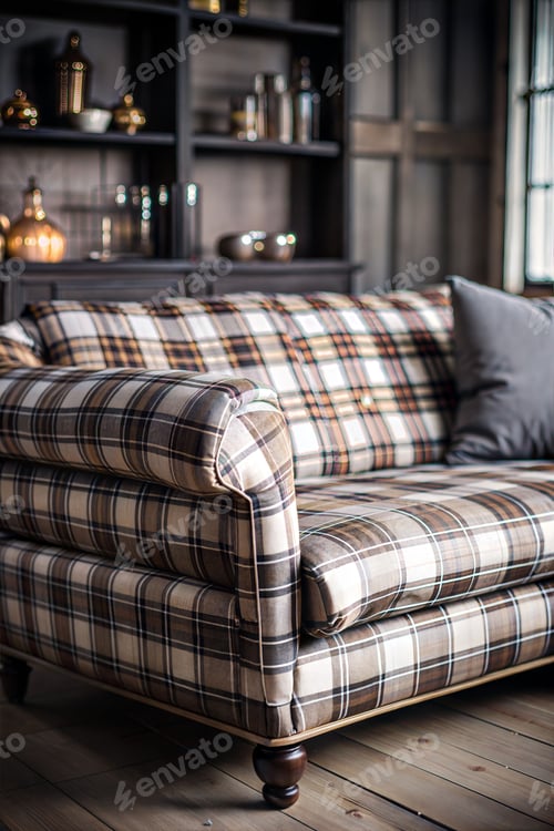 Preview: AI generated illustration of plaid-patterned sofa in brown, black, and white colors with rolled arms
