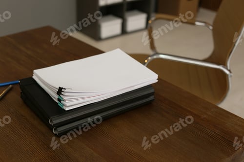 Preview: Stack of documents on wooden table in office. Space for text