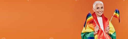 Preview: Stylish Lesbian Celebrating Pride With Vibrant Flags Against Orange Backdrop