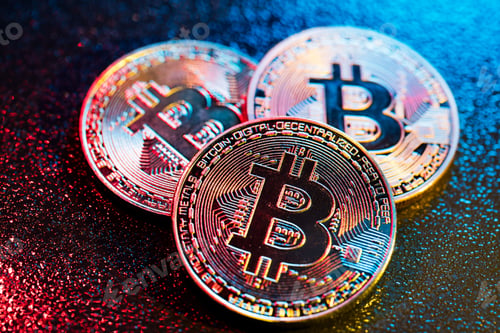 Preview: Three bitcoin coins in a colorful lighting.