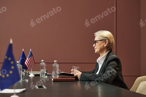 Preview: Senior Woman Politician Attending Diplomatic Meeting at Conference Table