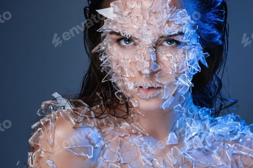 Preview: Female face covered with a lot small pieces of glass or ice