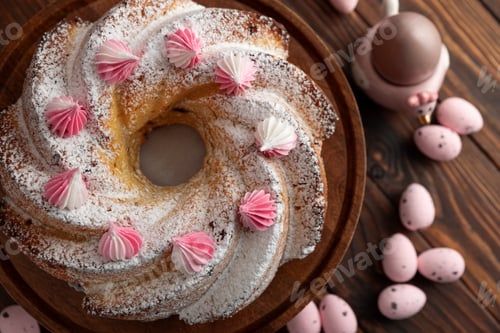 Preview: Traditional Easter cakes with icing decorated candies on dark wooden table