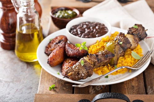 Preview: Beef kebab with rice, beans and fried plantains