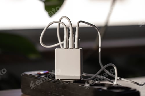 Preview: White USB charging for gadgets on a blurred background of the room, close-up.