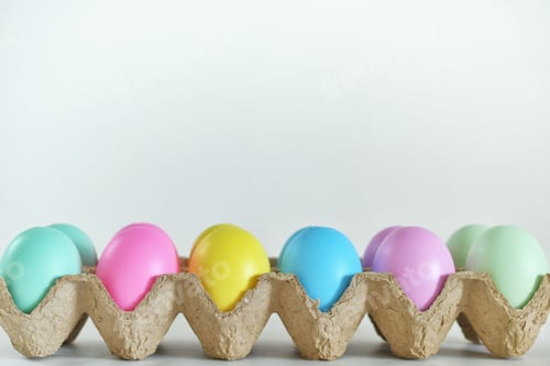 Preview: Colorful pastel Easter eggs in a carton on plain white background