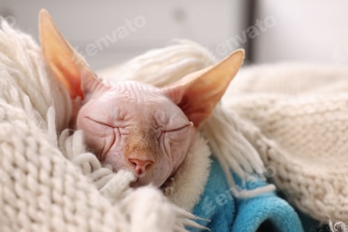 Preview: Cute Sphynx cat in warm sweater sleeping at home, closeup. Lovely pet