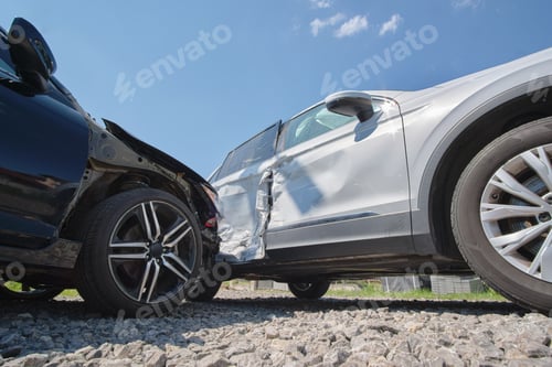 Preview: Cars crashed heavily in road accident after collision on city street. Road safety and insurance