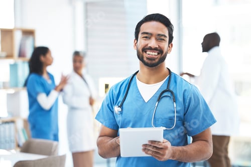 Preview: Portrait, doctor and Asian man with tablet, typing and smile with confidence, career or online read