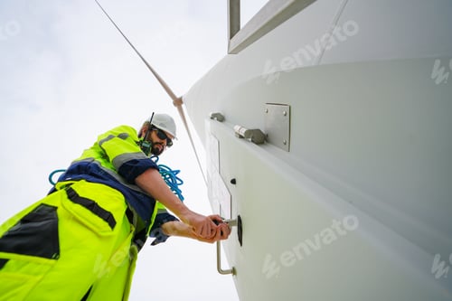 Preview: Windturbine inspector wearing Personal protective equipment working at wind turbines farm .