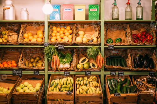 Preview: Exhibition of organic vegetables and fruits in market.