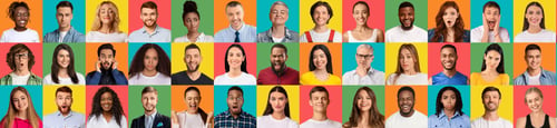 Preview: Collage of multiethnic people expressing different emotions, mosaic set, panorama