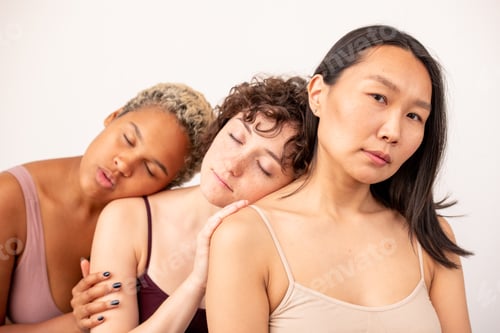 Preview: Two napping women of Caucasian and African ethnicities bending to Asian girl
