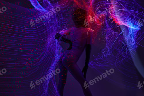 Preview: pretty woman neon lines posing model glamor color background unaltered
