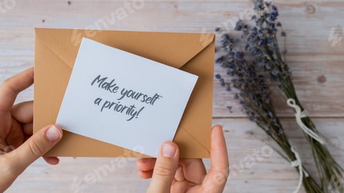 Preview: Female hands taking paper card note with text MAKE YOURSELF A PRIORITY from beige envelope. Lavender