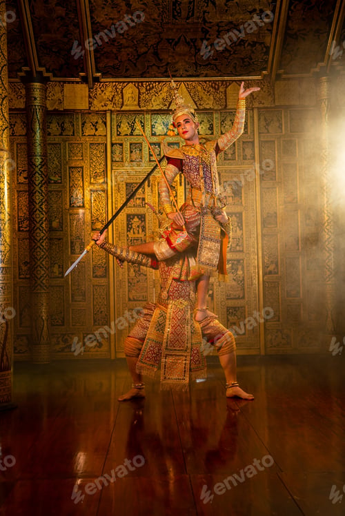 Preview: Khon or traditional Thai classic masked from the Ramakien characters action of traditional dance
