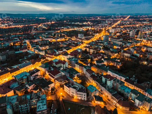 Preview: Tarnow in Poland Townscape. City Lights at Dusk. Aerial Drone Panoramic View