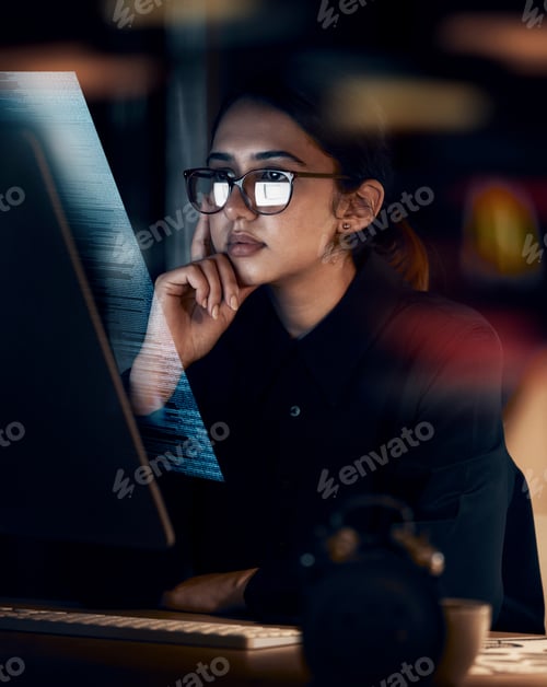 Preview: Programming, cybersecurity and thinking with woman at computer for software, idea and coding at nig