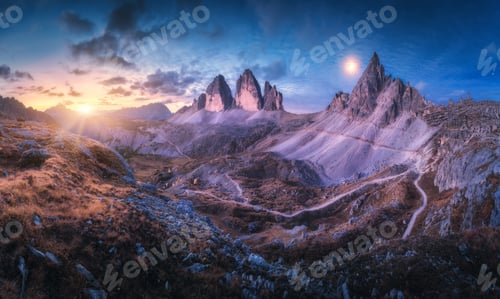 Preview: Mountain valley at beautiful sunset. Panoramic landscape