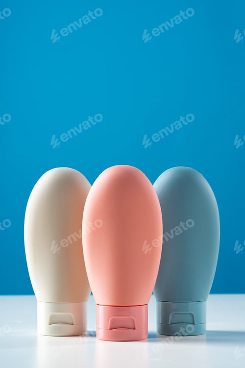 Preview: Variety of travel-sized containers displayed against a bright blue background