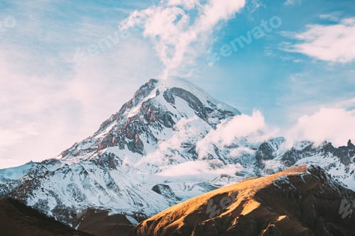 Preview: Georgia. Peak Of Mount Kazbek Covered With Snow. Kazbek Is A Stratovolcano And One Of Major
