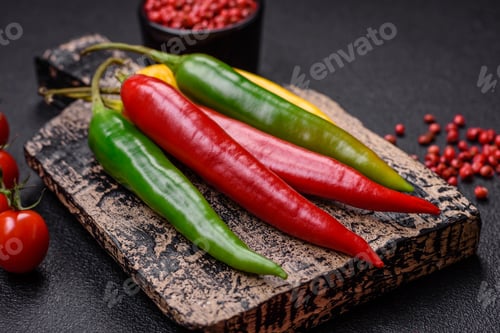 Preview: Hot chili peppers of three different colors red, green and yellow