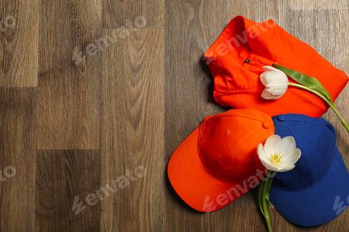 Preview: Sportswear and accessories, with flowers, on a wooden background.