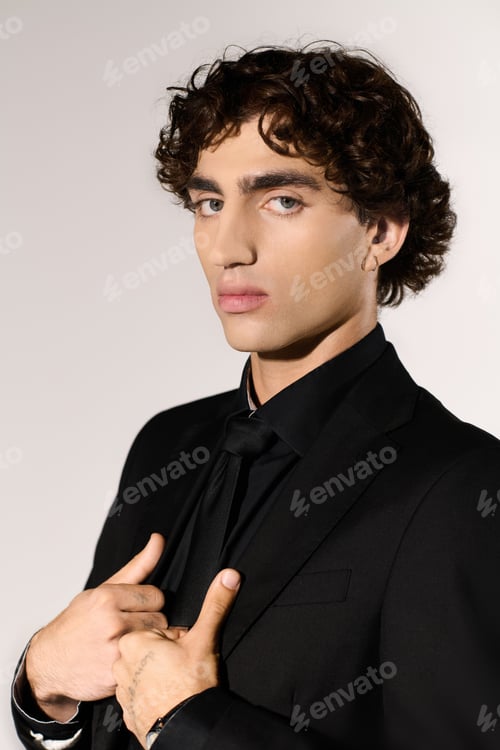Preview: Stylish young man with curly hair confidently posing in fashionable attire