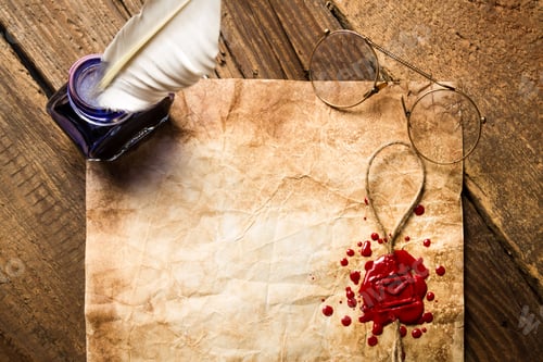 Preview: Closeup of ink, feather, glasses and red sealing wax on old vintage paper