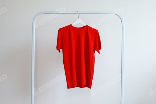 Preview: Bright Red T-Shirt Hanging on a White Rack
