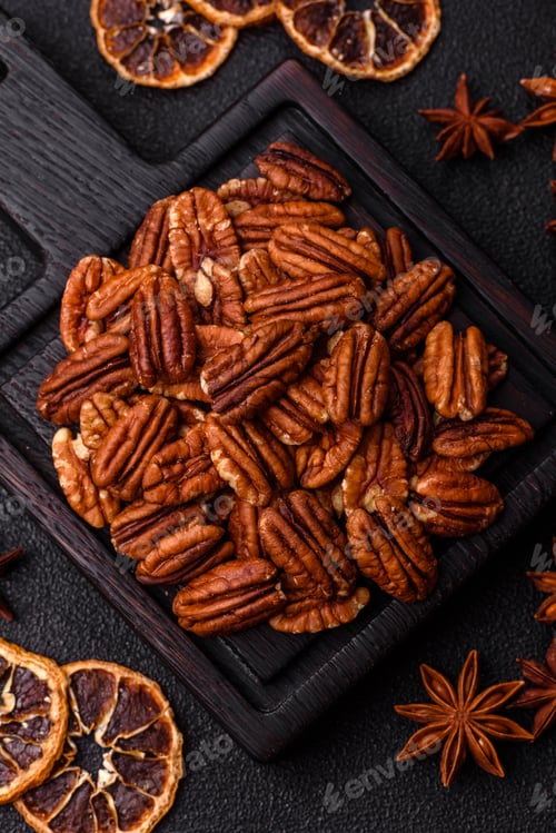 Preview: Peeled and roasted pecan nut as an ingredient for healthy food. Pecan nut as a food background