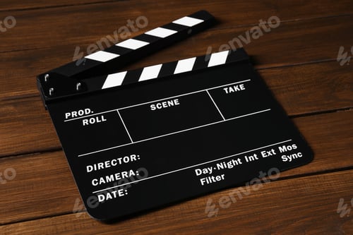 Preview: One clapperboard on wooden table, closeup view