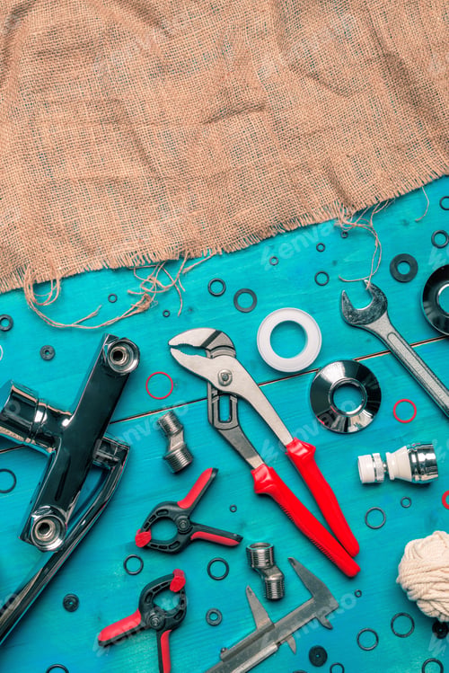 Preview: Plumbing toolkit on work desk top view flat lay