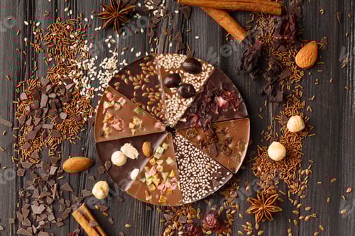 Vorschau: Schokoladenpizza dran? Ansicht von oben auf hölzernen Hintergrund