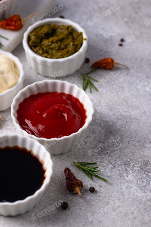 Preview: Set of different sauces. Ketchup, mustard, pesto