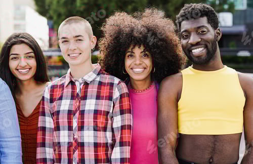 Preview: Young diverse friends having fun in the city together while smiliig on camera